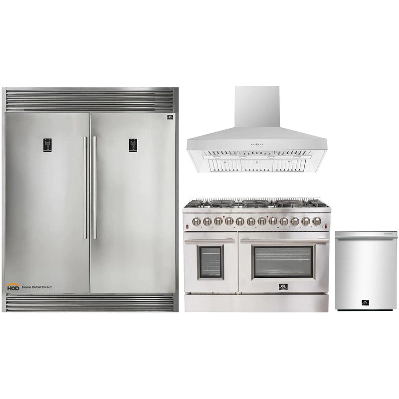 Forno 4-Piece Appliance Package - 48-Inch Dual Fuel Range, 56-Inch Pro-Style Refrigerator, Wall Mount Hood, & 3-Rack Dishwasher in Stainless Steel