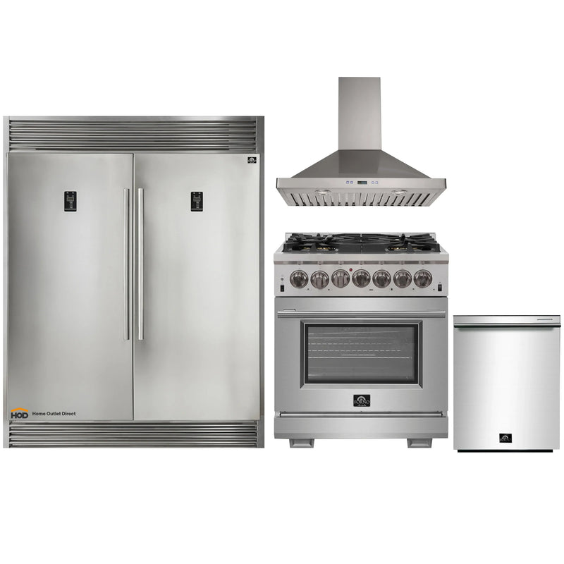 Forno 4-Piece Pro Appliance Package - 30-Inch Dual Fuel Range, 56-Inch Pro-Style Refrigerator, Wall Mount Hood, & 3-Rack Dishwasher in Stainless Steel