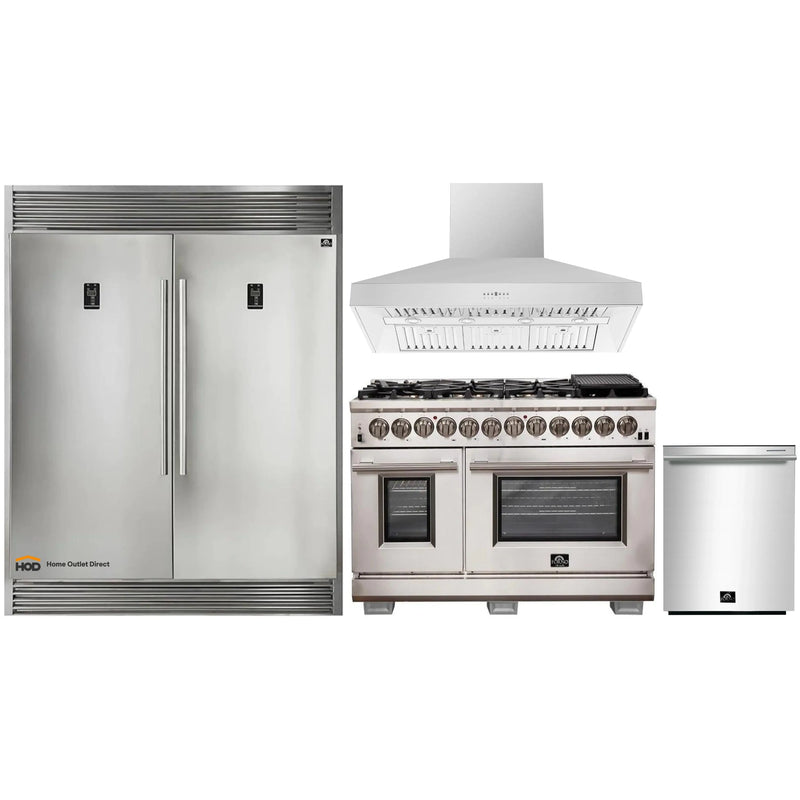 Forno 4-Piece Pro Appliance Package - 48-Inch Dual Fuel Range, 56-Inch Pro-Style Refrigerator, Wall Mount Hood, & 3-Rack Dishwasher in Stainless Steel