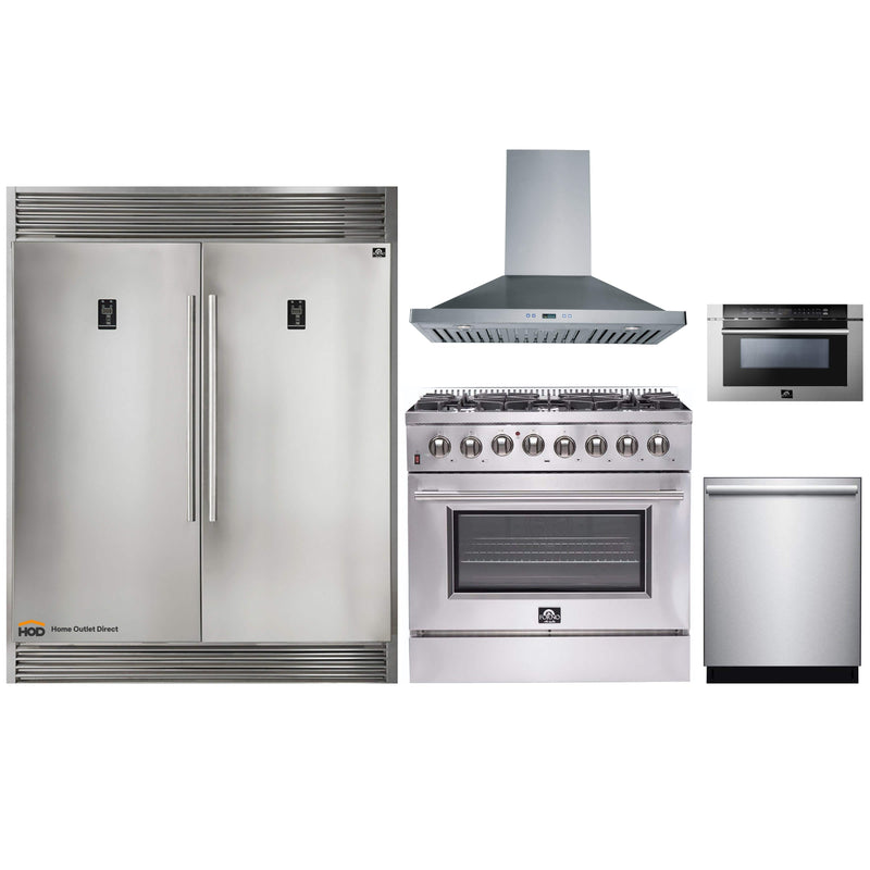Forno 5-Piece Appliance Package - 36-Inch Dual Fuel Range, 56-Inch Pro-Style Refrigerator, Wall Mount Hood, Microwave Drawer, & 3-Rack Dishwasher in Stainless Steel