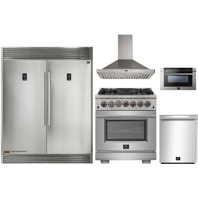 Forno 5-Piece Pro Appliance Package - 30-Inch Dual Fuel Range, 56-Inch Pro-Style Refrigerator, Wall Mount Hood, Microwave Drawer, & 3-Rack Dishwasher in Stainless Steel