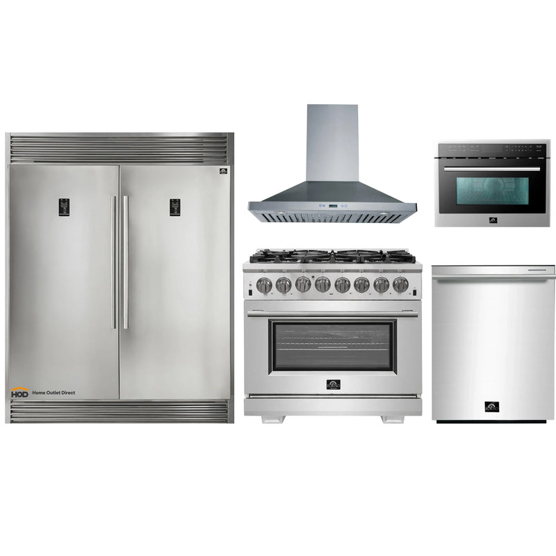 Forno 5-Piece Pro Appliance Package - 36-Inch Dual Fuel Range, 56-Inch Pro-Style Refrigerator, Wall Mount Hood, Microwave Oven, & 3-Rack Dishwasher in Stainless Steel