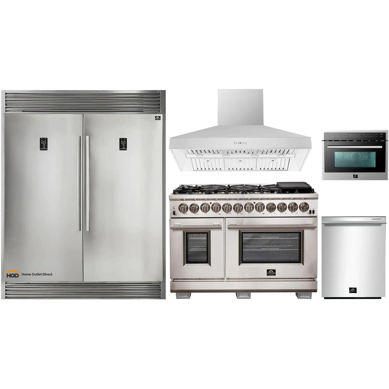 Forno 5-Piece Pro Appliance Package - 48-Inch Dual Fuel Range, 56-Inch Pro-Style Refrigerator, Wall Mount Hood, Microwave Oven, & 3-Rack Dishwasher in Stainless Steel