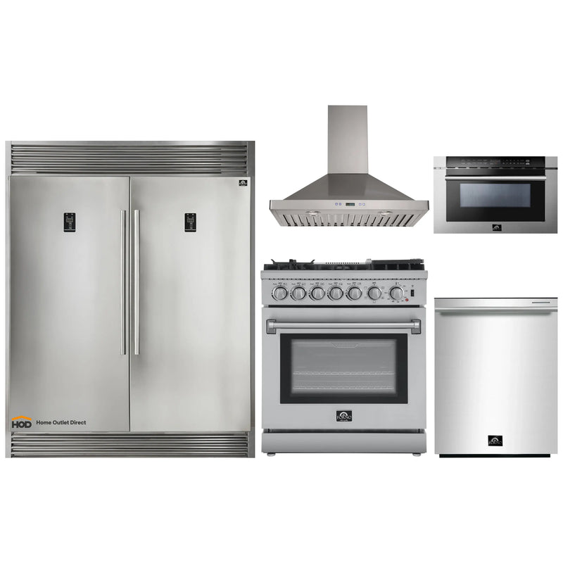 Forno 5-Piece Appliance Package - 30-Inch Dual Fuel Range with Air Fryer, 56-Inch Pro-Style Refrigerator, Wall Mount Hood, Microwave Drawer, & 3-Rack Dishwasher in Stainless Steel