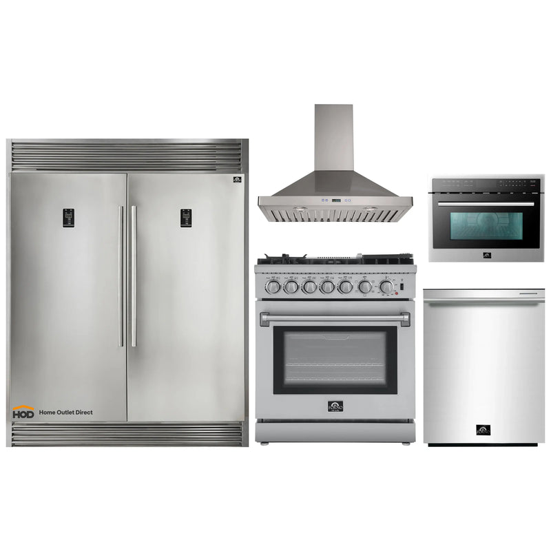 Forno 5-Piece Appliance Package - 30-Inch Dual Fuel Range with Air Fryer, 56-Inch Pro-Style Refrigerator, Wall Mount Hood, Microwave Oven, & 3-Rack Dishwasher in Stainless Steel