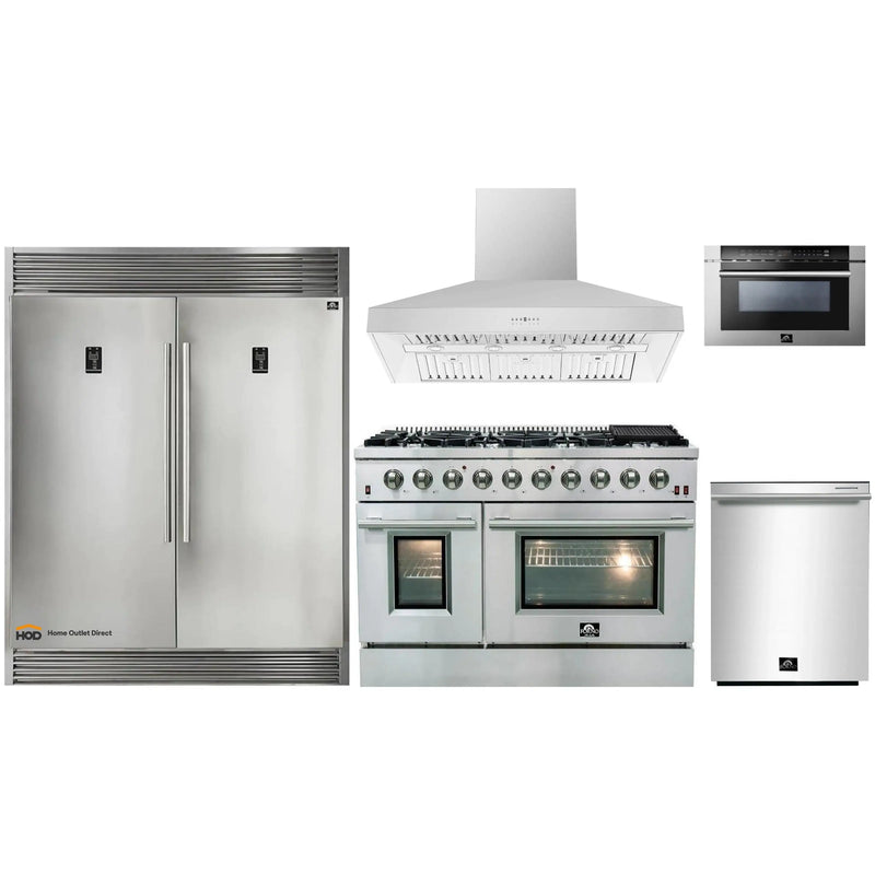 Forno 5-Piece Appliance Package - 48-Inch Gas Range, 56-Inch Pro-Style Refrigerator, Wall Mount Hood, Microwave Drawer, & 3-Rack Dishwasher in Stainless Steel