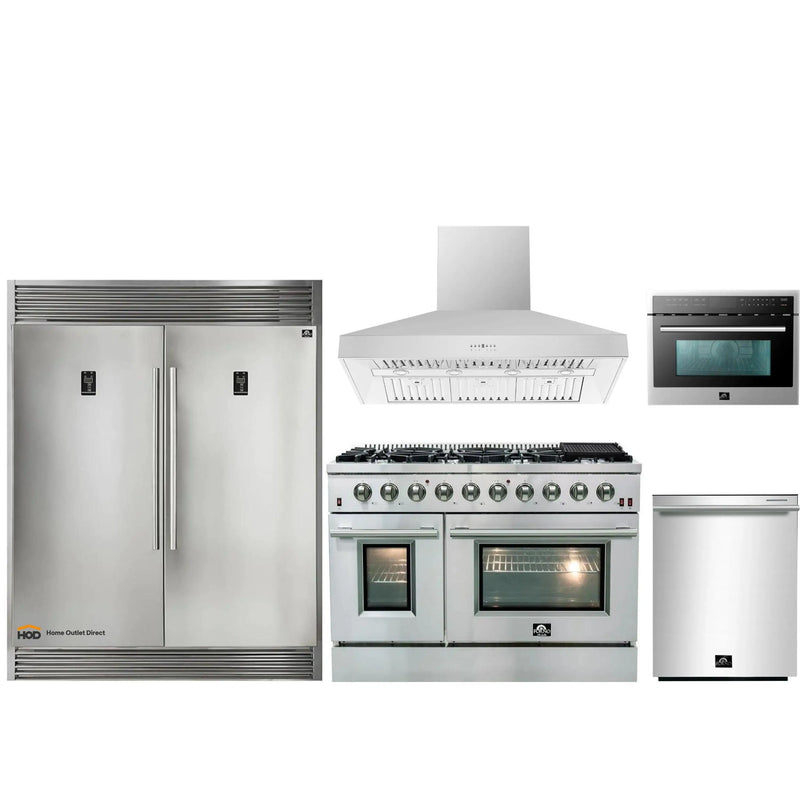 Forno 5-Piece Appliance Package - 48-Inch Gas Range, 56-Inch Pro-Style Refrigerator, Wall Mount Hood, Microwave Oven, & 3-Rack Dishwasher in Stainless Steel