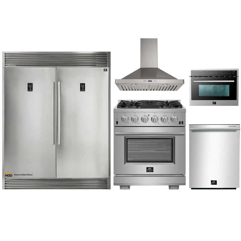 Forno 5-Piece Pro Appliance Package - 30-Inch Gas Range, 56-Inch Pro-Style Refrigerator, Wall Mount Hood, Microwave Oven, & 3-Rack Dishwasher in Stainless Steel