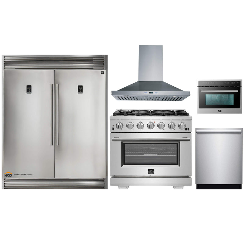 Forno 5-Piece Pro Appliance Package - 36-Inch Gas Range, 56-Inch Pro-Style Refrigerator, Wall Mount Hood, Microwave Oven, & 3-Rack Dishwasher in Stainless Steel