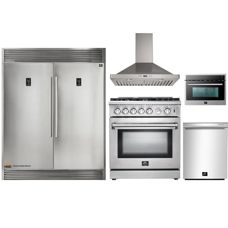 Forno 5-Piece Appliance Package - 30-Inch Gas Range, 56-Inch Pro-Style Refrigerator, Wall Mount Hood, Microwave Oven, & 3-Rack Dishwasher in Stainless Steel