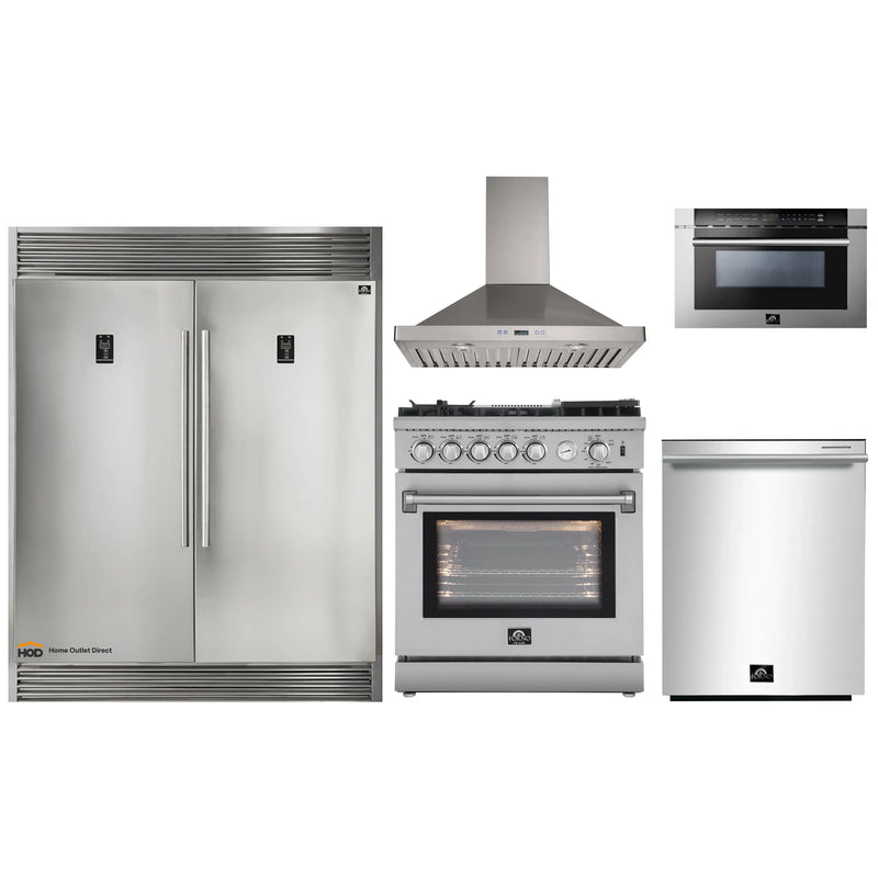 Forno 5-Piece Appliance Package - 30-Inch Gas Range with Air Fryer, 56-Inch Pro-Style Refrigerator, Wall Mount Hood, Microwave Drawer, & 3-Rack Dishwasher in Stainless Steel