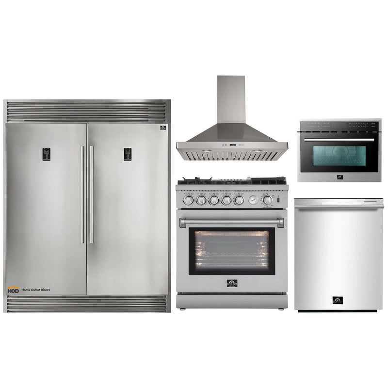 Forno 5-Piece Appliance Package - 30-Inch Gas Range with Air Fryer, 56-Inch Pro-Style Refrigerator, Wall Mount Hood, Microwave Oven, & 3-Rack Dishwasher in Stainless Steel