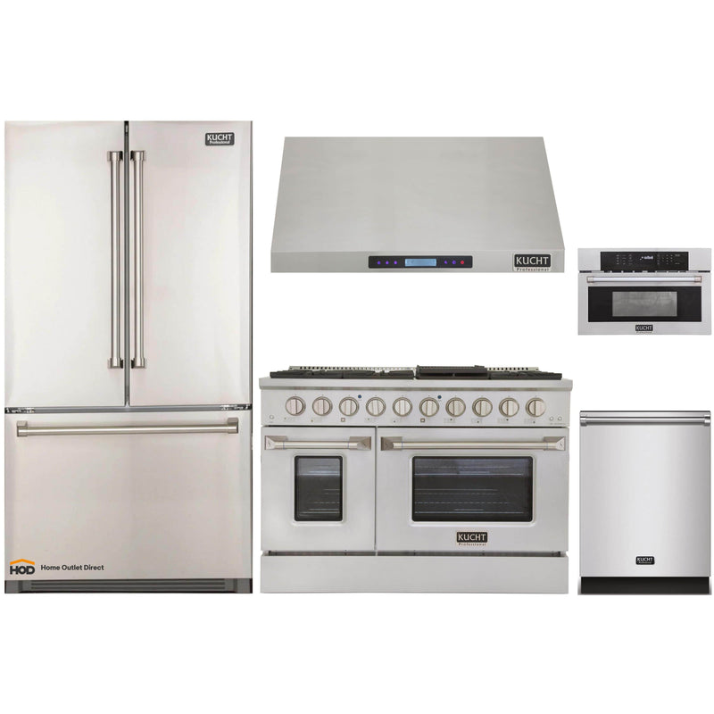 Kucht 5-Piece Appliance Package - 48-Inch Dual Fuel Range, Refrigerator, Under Cabinet Hood, Dishwasher, & Microwave Oven in Stainless Steel