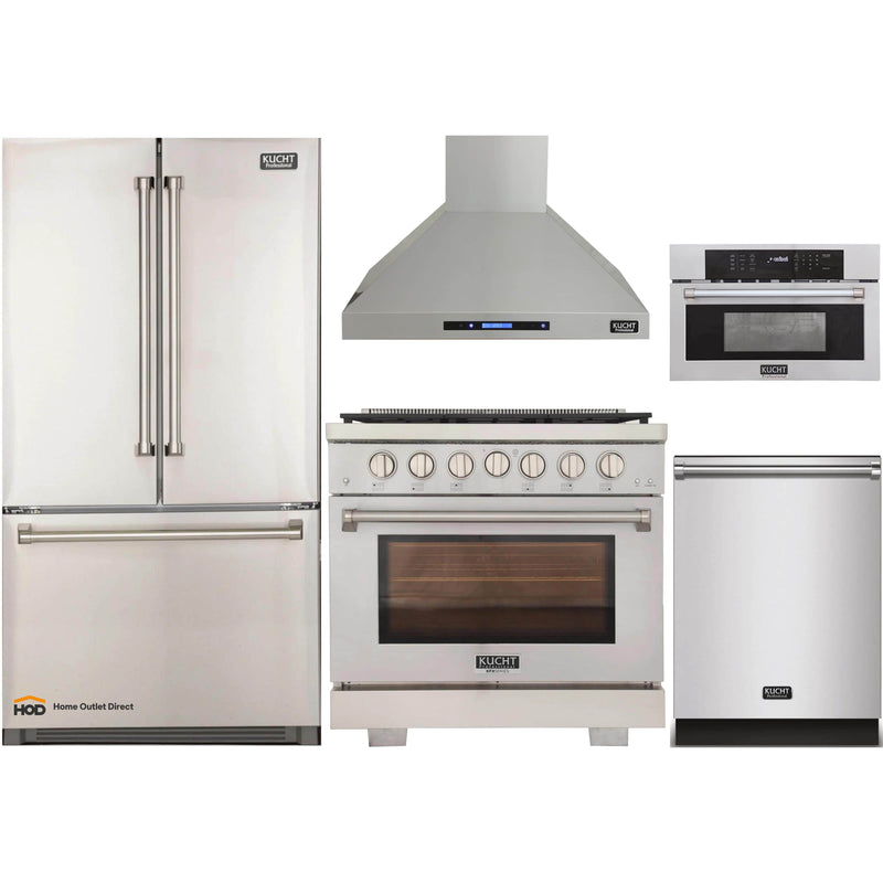 Kucht 5-Piece Appliance Package - 36-Inch Gas Range, Refrigerator, Wall Mount Hood, Dishwasher, & Microwave Oven in Stainless Steel