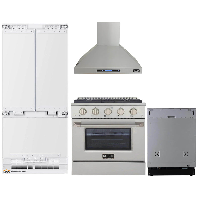 Kucht 4-Piece Appliance Package - 30-Inch Dual Fuel Range, 36-Inch Panel Ready Refrigerator, Wall Mount Hood, & Panel Ready Dishwasher