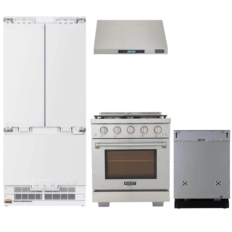 Kucht 4-Piece Appliance Package - 30-Inch Gas Range, 36-Inch Panel Ready Refrigerator, Under Cabinet Hood, & Panel Ready Dishwasher