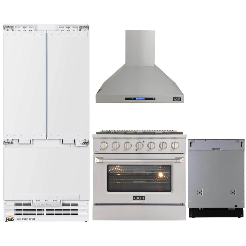 Kucht 4-Piece Appliance Package - 36-Inch Gas Range, 36-Inch Panel Ready Refrigerator, Wall Mount Hood, & Panel Ready Dishwasher
