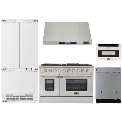 Kucht 5-Piece Appliance Package - 48" Dual Fuel Range, 36" Panel Ready Refrigerator, Under Cabinet Hood, Panel Ready Dishwasher, & Microwave Drawer
