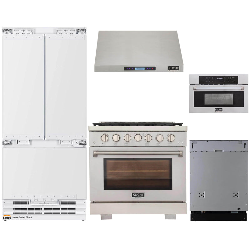 Kucht 5-Piece Appliance Package - 36-Inch Gas Range, 36-Inch Panel Ready Refrigerator, Under Cabinet Hood, Panel Ready Dishwasher, & Microwave Oven