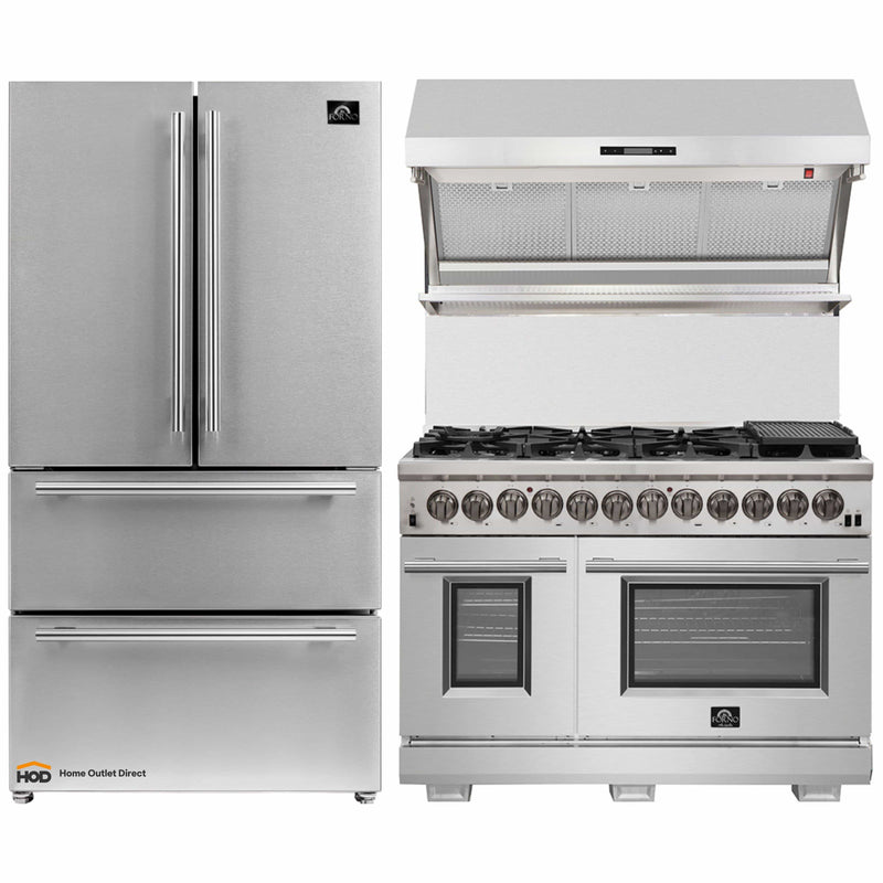 Forno 3-Piece Pro Appliance Package - 48-Inch Dual Fuel Range, Refrigerator, & Wall Mount Hood with Backsplash in Stainless Steel