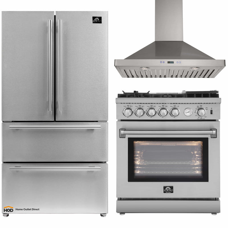 Forno 3-Piece Appliance Package - 30-Inch Gas Range with Air Fryer, 36-Inch Refrigerator & Wall Mount Hood in Stainless Steel