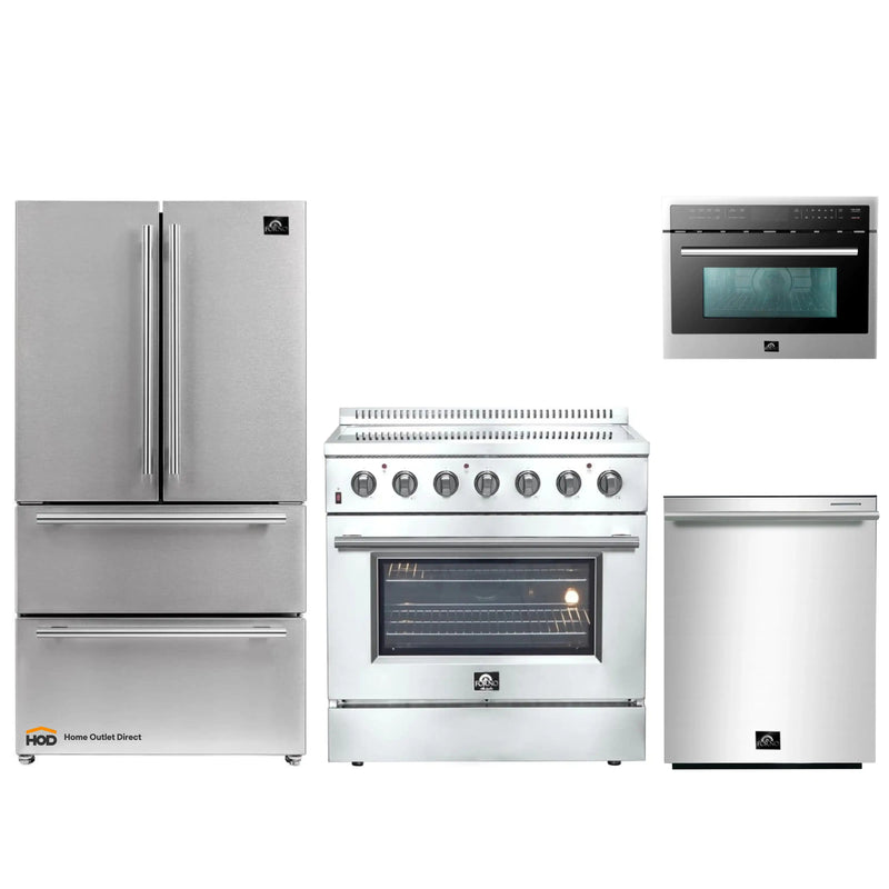 Forno 4-Piece Appliance Package - 36-Inch Electric Range, French Door Refrigerator, Dishwasher, and Microwave Oven in Stainless Steel