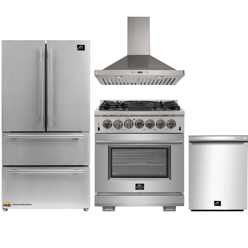 Forno 4-Piece Pro Appliance Package - 30-Inch Dual Fuel Range, Refrigerator, Wall Mount Hood, & 3-Rack Dishwasher in Stainless Steel