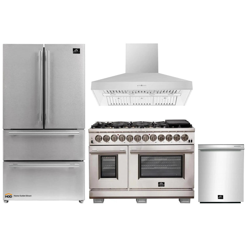 Forno 4-Piece Pro Appliance Package - 48-Inch Dual Fuel Range, Refrigerator, Wall Mount Hood, & 3-Rack Dishwasher in Stainless Steel