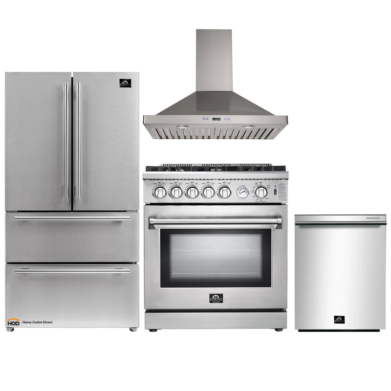 Forno 4-Piece Appliance Package - 30-Inch Gas Range, Refrigerator, Wall Mount Hood, & 3-Rack Dishwasher in Stainless Steel