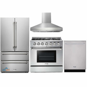 Thor Kitchen 4-Piece Pro Appliance Package - 36-Inch Gas Range, French Door Refrigerator, Pro-Style Wall Mount Hood and Dishwasher in Stainless Steel