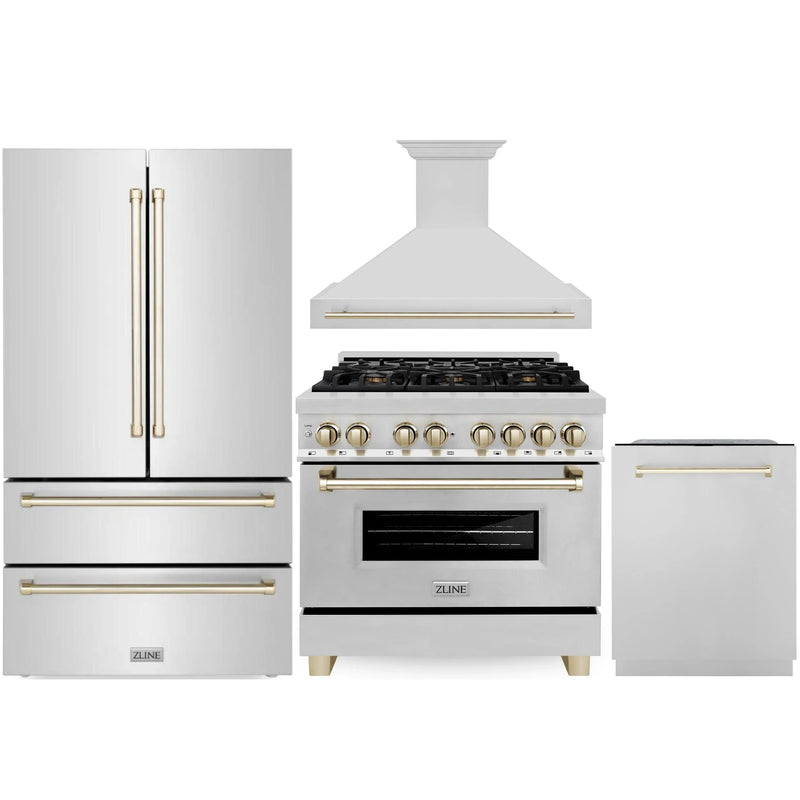 ZLINE Autograph Edition 4-Piece Appliance Package - 36-Inch Dual Fuel Range, Refrigerator, Wall Mounted Range Hood, & 24-Inch Tall Tub Dishwasher in Stainless Steel with Gold Trim (4KAPR-RARHDWM36-G)
