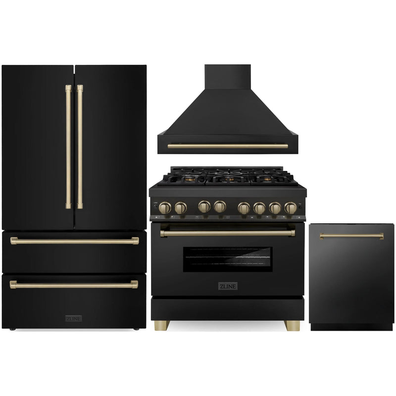 ZLINE Autograph Edition 4-Piece Appliance Package - 36-Inch Gas Range, Refrigerator, Wall Mounted Range Hood, & 24-Inch Tall Tub Dishwasher in Black Stainless Steel with Champagne Bronze Trim (4AKPR-RGBRHDWV36-CB)