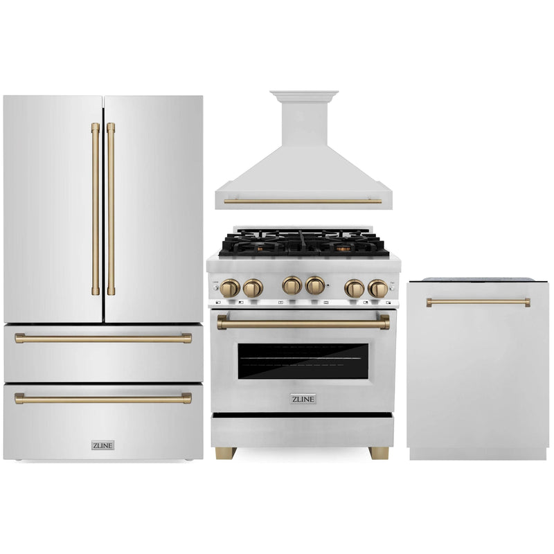 ZLINE Autograph Edition 4-Piece Appliance Package - 30-Inch Gas Range, Refrigerator, Wall Mounted Range Hood, & 24-Inch Tall Tub Dishwasher in Stainless Steel with Champagne Bronze Trim (4KAPR-RGRHDWM30-CB)