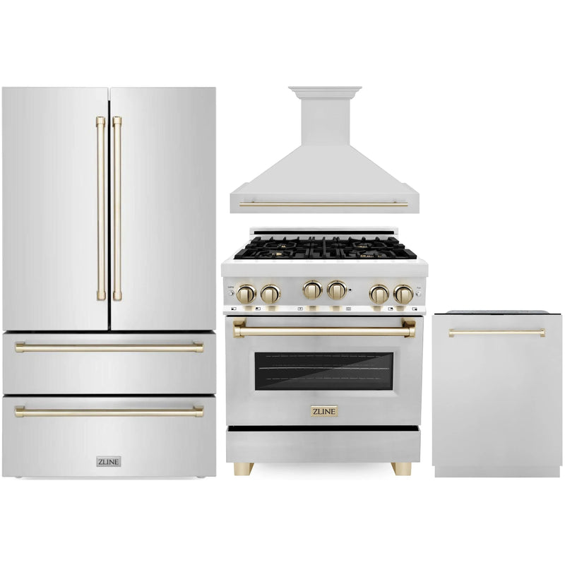 ZLINE Autograph Edition 4-Piece Appliance Package - 30-Inch Gas Range, Refrigerator, Wall Mounted Range Hood, & 24-Inch Tall Tub Dishwasher in Stainless Steel with Gold Trim (4KAPR-RGRHDWM30-G)