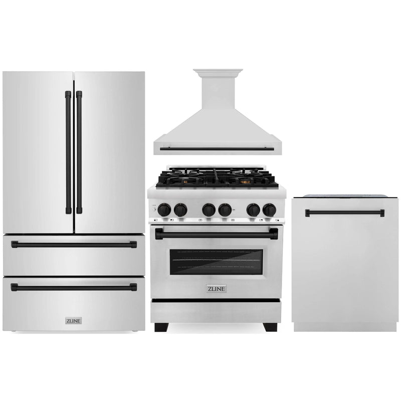 ZLINE Autograph Edition 4-Piece Appliance Package - 30-Inch Gas Range, Refrigerator, Wall Mounted Range Hood, & 24-Inch Tall Tub Dishwasher in Stainless Steel with Matte Black Trim (4KAPR-RGRHDWM30-MB)