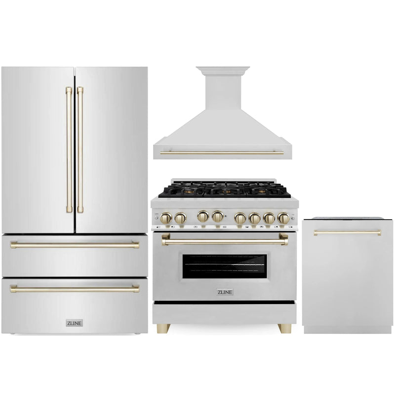 ZLINE Autograph Edition 4-Piece Appliance Package - 36-Inch Gas Range, Refrigerator, Wall Mounted Range Hood, & 24-Inch Tall Tub Dishwasher in Stainless Steel with Gold Trim (4KAPR-RGRHDWM36-G)