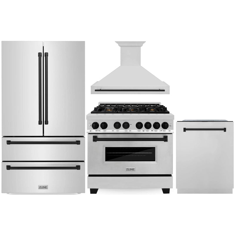ZLINE Autograph Edition 4-Piece Appliance Package - 36-Inch Gas Range, Refrigerator, Wall Mounted Range Hood, & 24-Inch Tall Tub Dishwasher in Stainless Steel with Matte Black Trim (4KAPR-RGRHDWM36-MB)