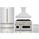 ZLINE Autograph Edition 4-Piece Appliance Package - 48-Inch Gas Range, Refrigerator, Wall Mounted Range Hood, & 24-Inch Tall Tub Dishwasher in Stainless Steel with Gold Trim (4AKPR-RGRHDWM48-G)