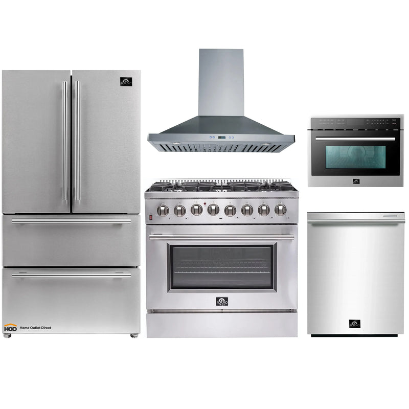 Forno 5-Piece Appliance Package - 36-Inch Dual Fuel Range, Refrigerator, Wall Mount Hood, Microwave Oven, & 3-Rack Dishwasher in Stainless Steel