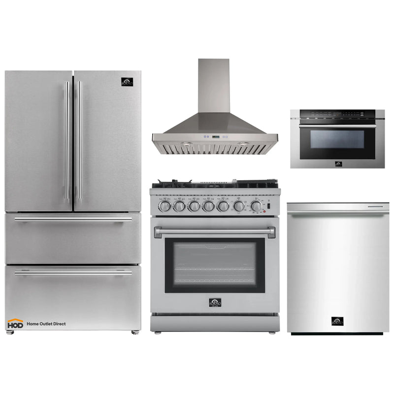 Forno 5-Piece Appliance Package - 30-Inch Dual Fuel Range with Air Fryer, Refrigerator, Wall Mount Hood, Microwave Drawer, & 3-Rack Dishwasher in Stainless Steel
