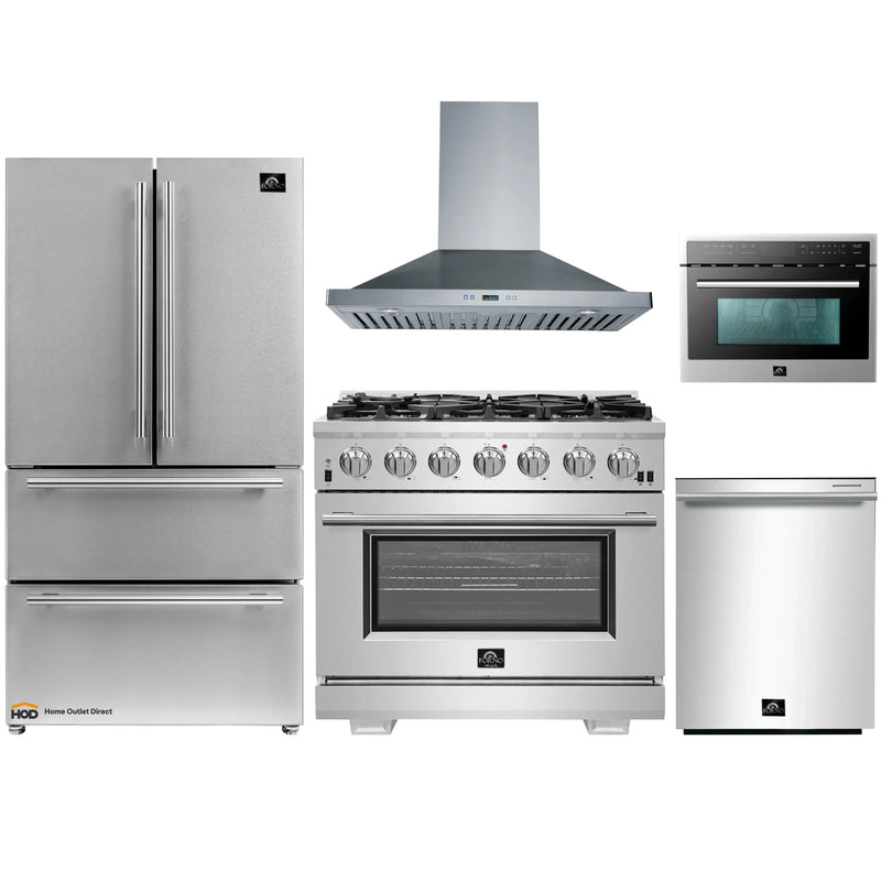 Forno 5-Piece Pro Appliance Package - 36-Inch Gas Range, Refrigerator, Wall Mount Hood, Microwave Oven, & 3-Rack Dishwasher in Stainless Steel
