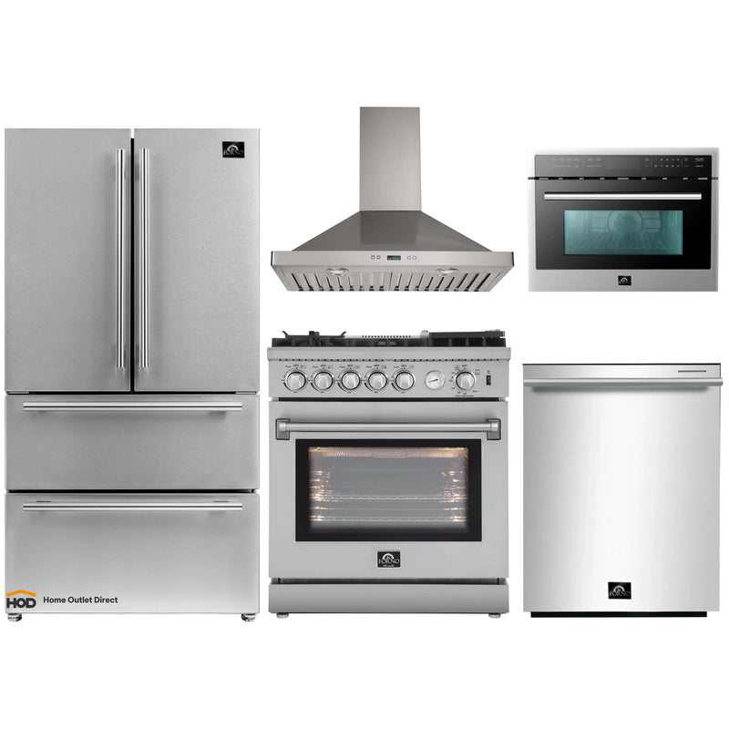 Forno 5-Piece Appliance Package - 30-Inch Gas Range with Air Fryer, Refrigerator, Wall Mount Hood, Microwave Oven, & 3-Rack Dishwasher in Stainless Steel