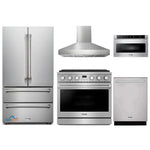 Thor Kitchen 5-Piece Appliance Package - 36-Inch Gas Range, Pro-Style Wall Mount Range Hood, Refrigerator, Dishwasher, and Microwave in Stainless Steel