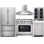 Thor Kitchen 5-Piece Appliance Package - 36-Inch Gas Range, French Door Refrigerator, Pro-Style Wall Mount Hood, Dishwasher, and Wine Cooler in Stainless Steel