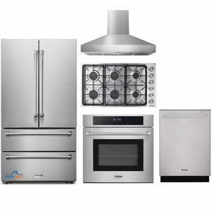 Thor Kitchen 5-Piece Pro Appliance Package - 36-Inch Gas Cooktop, Electric Wall Oven, Pro-Style Wall Mount Hood, Dishwasher, & Refrigerator in Stainless Steel