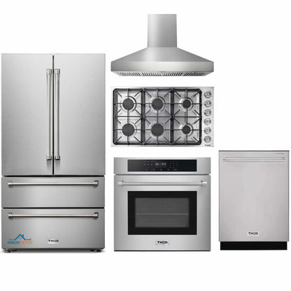 Thor Kitchen 5-Piece Pro Appliance Package - 36-Inch Gas Cooktop, Electric Wall Oven, Pro-Style Wall Mount Hood, Dishwasher, & Refrigerator in Stainless Steel