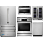 Thor Kitchen 5-Piece Appliance Package - 30-Inch Gas Range with Tilt Panel, French Door Refrigerator, Dishwasher, Microwave Drawer, & Wine Cooler in Stainless Steel