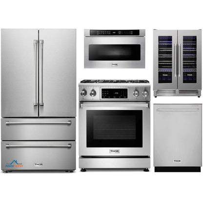 Thor Kitchen 5-Piece Appliance Package - 30-Inch Gas Range with Tilt Panel, French Door Refrigerator, Dishwasher, Microwave Drawer, & Wine Cooler in Stainless Steel