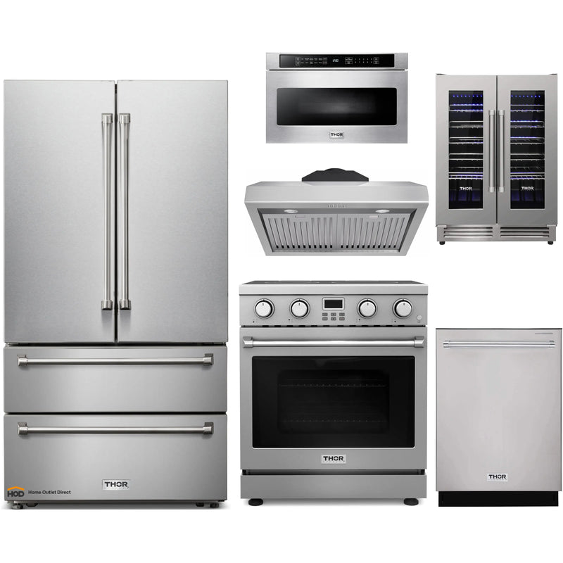 Thor Kitchen 6-Piece Appliance Package - 30-Inch Electric Range, Under Cabinet Range Hood, Refrigerator, Dishwasher, Microwave, and Wine Cooler in Stainless Steel