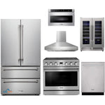 Thor Kitchen 6-Piece Appliance Package - 36-Inch Electric Range, Pro-Style Wall Mount Range Hood, Refrigerator, Dishwasher, Microwave, and Wine Cooler in Stainless Steel